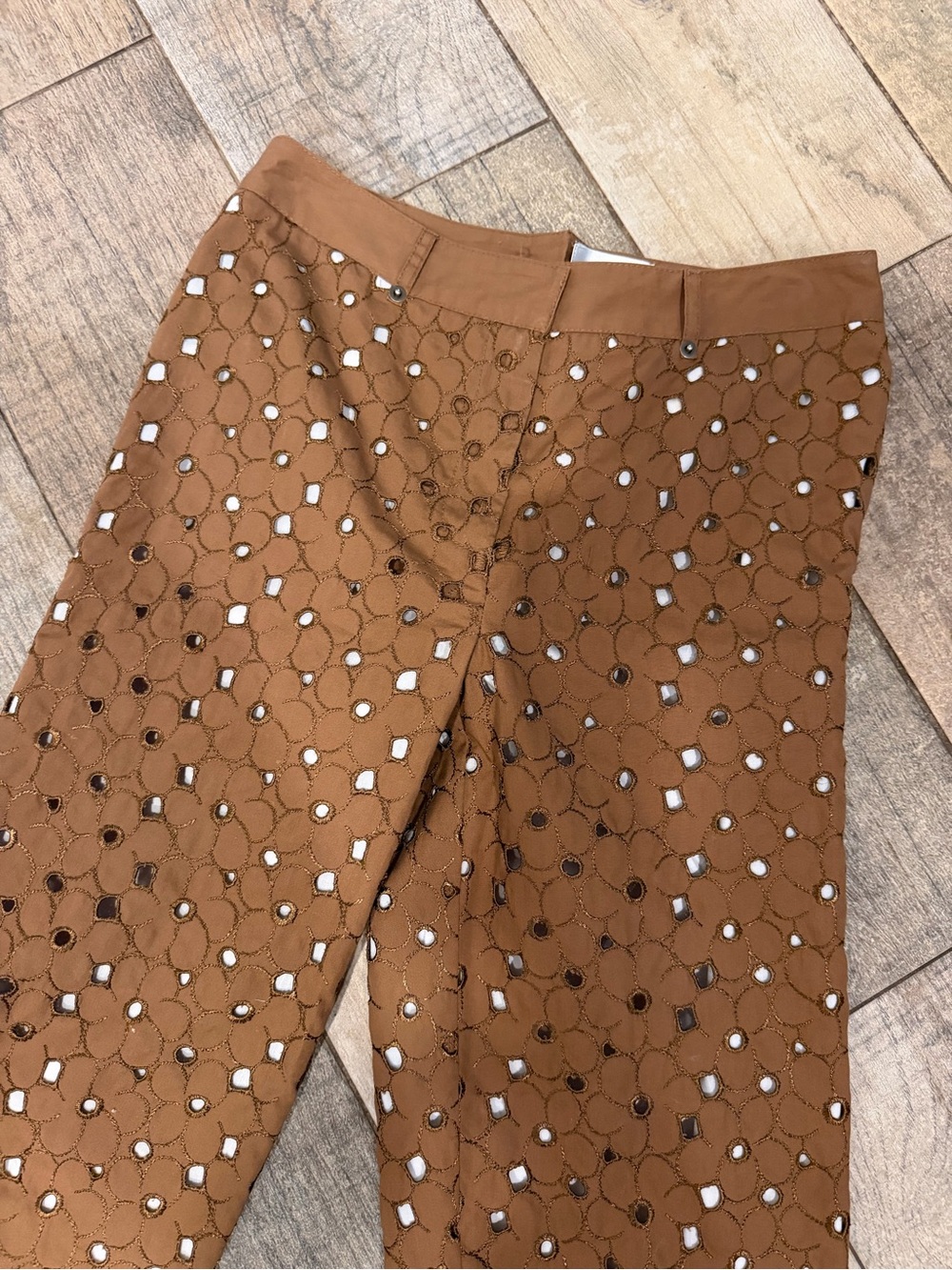 Island Republic Brown Eyelet 3/4 Blazer & Wide-Leg Capri Pants Set White Lining - Picture 8 of 10